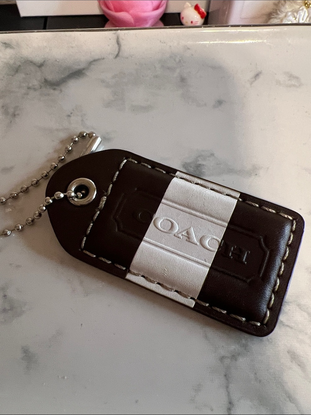 COACH Brown Leather Key Tag with White Stripe and Ball Chain